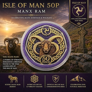 May include: A commemorative 50 pence coin featuring a gold-colored Manx ram head centered within a purple and gold Celtic knot border. The coin displays the text 50 PENCE and the Triskelion symbol. The design highlights the Isle of Man heritage.