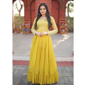 Designer Yellow gown with sequins and embroidery work, Flared long Anarkali Gown for womens, Indian Anarkali gown wedding and festive Gown image 1