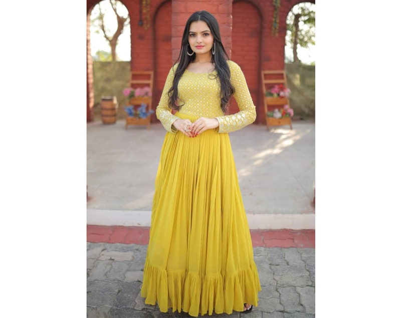 Designer Yellow gown with sequins and embroidery work, Flared long Anarkali Gown for womens, Indian Anarkali gown wedding and festive Gown image 1