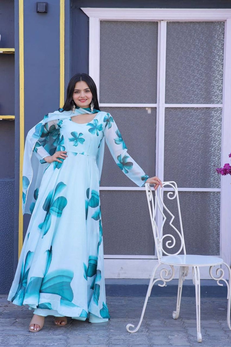 New Haldi Ceremony Yellow Wear Gown With Dupatta Rayon Fabric With Digital Print And Real Mirror Work
