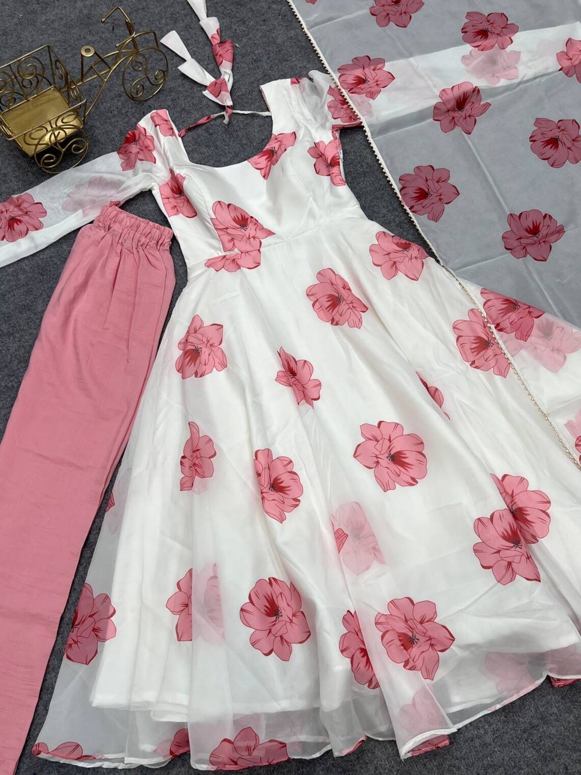 Women Pink Patola Sleeveless Anarkali Dress