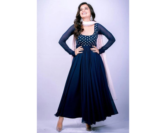 Navy Blue Gown With Dupatta Set for Party With Digital Print Indian Party  Wear in USA, UK, Malaysia, South Africa, Dubai, Singapore