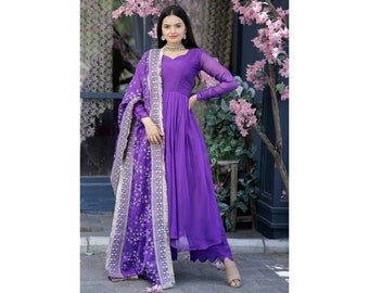 Designer purple dress with silk top and embroidery work,dress for festive season, women's  party outfit and wedding dress
