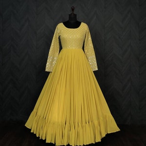 Designer Yellow gown with sequins and embroidery work, Flared long Anarkali Gown for womens, Indian Anarkali gown wedding and festive Gown image 3