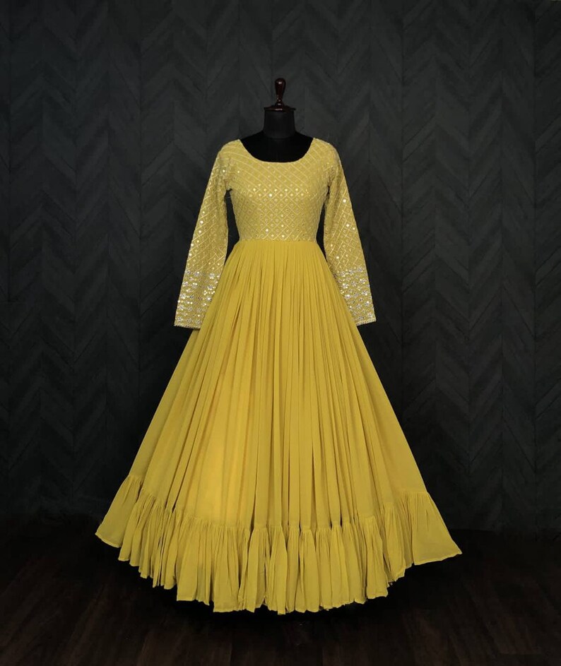Designer Yellow gown with sequins and embroidery work, Flared long Anarkali Gown for womens, Indian Anarkali gown wedding and festive Gown image 3