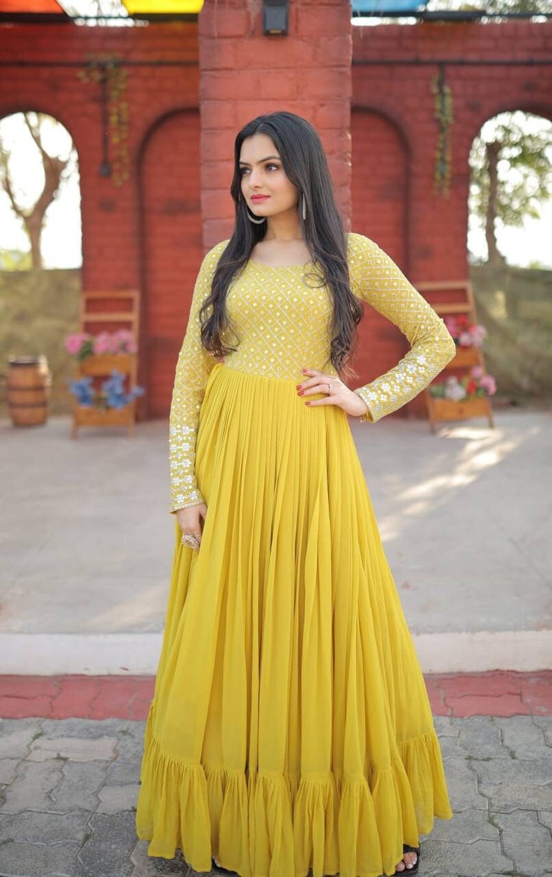 Designer Yellow gown with sequins and embroidery work, Flared long Anarkali Gown for womens, Indian Anarkali gown wedding and festive Gown image 2