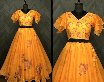 Designer Yellow Lehenga Choli, Floral Lehenga Full Flair Lehenga Skirt, Indian Party wear Dress , Organza Lehenga for women