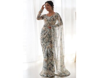 Floral white saree for women, one minute saree, party wear saree, Ready to Wear,Party wear saree, Saree for USA celebrate,easy to wear saree