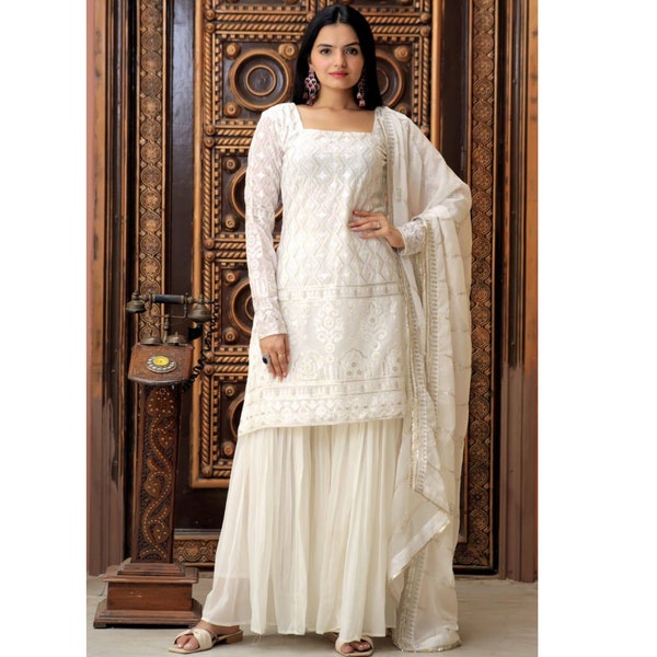 White Sharara suits for women, Heavy Georgette sharara suit, punjabi wedding suit, indian Salwar suit for bridal, Trendy ethinic salwar suit