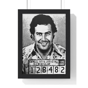 Pablo Escobar Mugshot Framed Poster, Museum-Quality Frame, Indoor Wall Decor, Black or White Frame