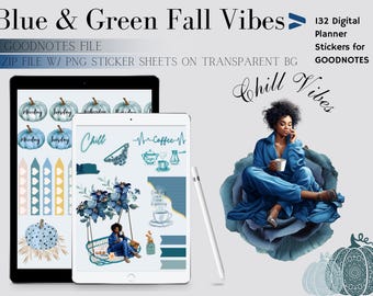 Blue & Green Fall Digital Stickers for GoodNotes, PNG