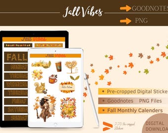 Fall Vibes Digital Stickers: Autumn Planner, Goodnotes (PNG, PDF)