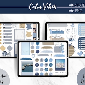 Calm Blue Vibes Digital Planner Stickers: Goodnotes & PNG (308 Stickers)