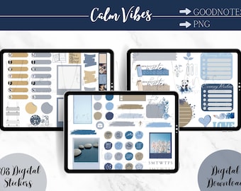 Calm Blue Vibes Digital Planner Stickers: Goodnotes & PNG (308 Stickers)