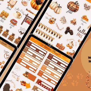 May include: A set of 103 pre-cropped digital stickers featuring autumn-themed illustrations, including pumpkins, leaves, acorns, and a puppy. The stickers are designed for use in digital planners and journals. The set also includes a blank digital sticker book with six hyperlinked tabs.