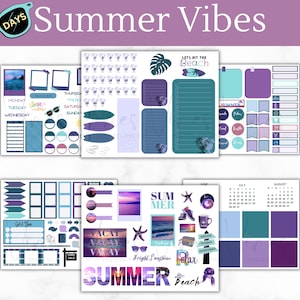 May include: A collection of planner sticker sheets featuring a summer theme with purple, blue, and teal color palettes. The sheets include calendars, checklists, surfboards, beach-themed graphics, and text such as Summer Vibes and Let's Hit The Beach.