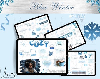 Blue Winter Digital Planner Stickers: Goodnotes Pre-cropped (Digital Download)