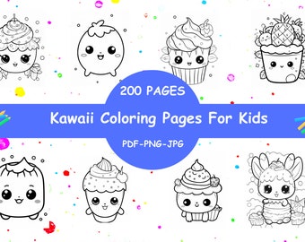 Coloriages kawaii pour enfants : méga lot de dessins animés mignons et faciles, 200 pages, pour enfants et adultes, téléchargement numérique