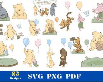 Collezione ClipArt di Winnie the Pooh - 25 disegni SVG unici, pacchetto classico di Pooh, illustrazioni ad acquerello e vintage di Winnie per l'artigianato