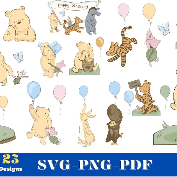 Winnie the Pooh ClipArt Collection - 25 Einzigartige SVG-Designs, Classic Pooh Bundle, Aquarell & Vintage Winnie Illustrationen zum Basteln