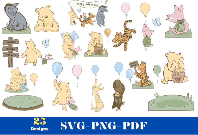 Winnie the Pooh ClipArt Collection 25 Unique SVG Designs, Classic Pooh Bundle, Watercolor & Vintage Winnie Illustrations for Crafting zdjęcie 1