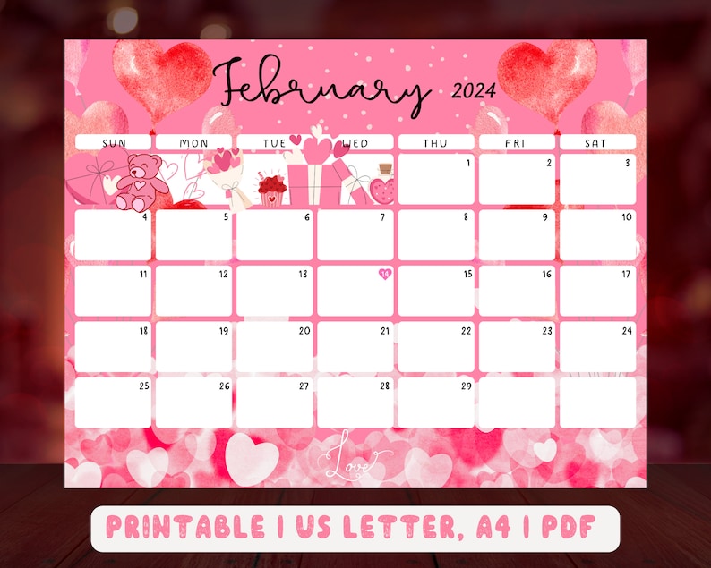 February 2024 Calendar Sweet Valentine 2024 With Pink Color Etsy UK