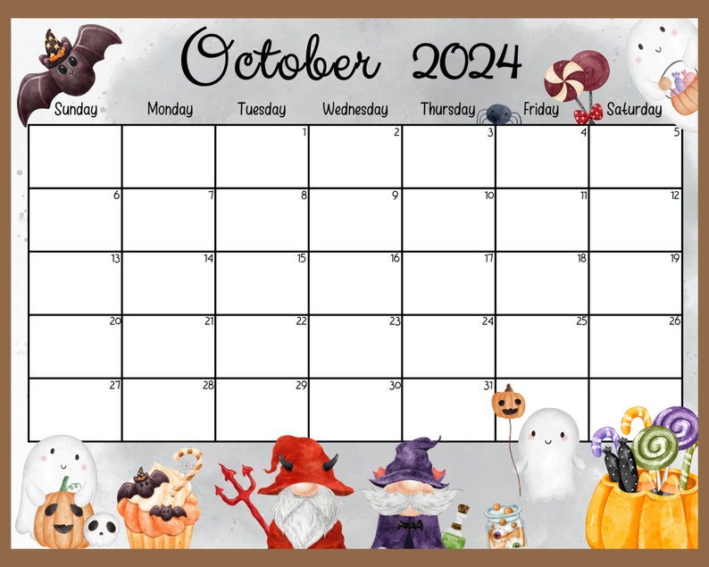 EDITABLE October 2024 Calendar,happy Halloween With Cute Gnomes