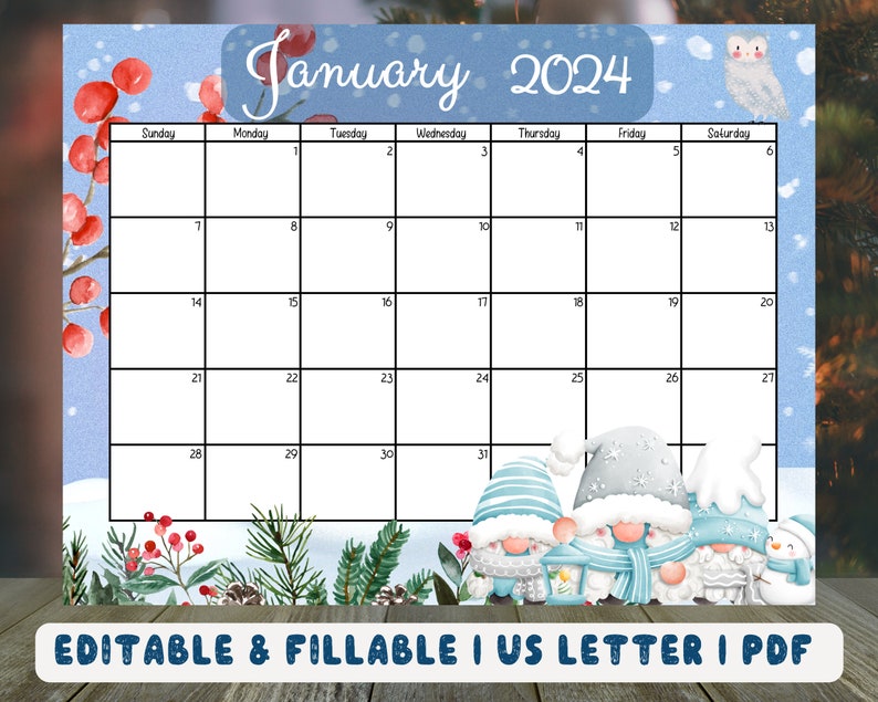 Editable January 2025 Calendar Sweet Winter With Cute Gnomes Etsy
