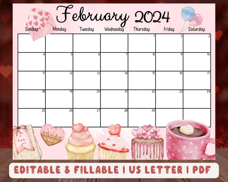 Editable February 2024 Calendar Happy Valentine With Sweet Etsy Australia