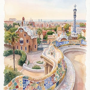 May include: Watercolour painting of Park Güell in Barcelona, Spain. The artwork shows the park's architecture, including a mosaic-covered bench, buildings with unique rooftops, and a tower with a cross. The cityscape and sky are in the background.