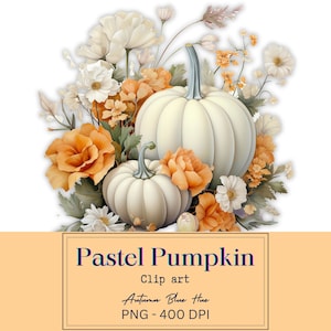 Bloemen pompoen pastel clipart PNG - witte & oranje pompoen blauwe tint, herfst Thanksgiving herfst bloemen bloemstuk