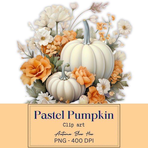 Floral pumpkin pastel clipart PNG - white & orange pumpkin blue hue, fall thanksgiving autumn flowers arrangement floral