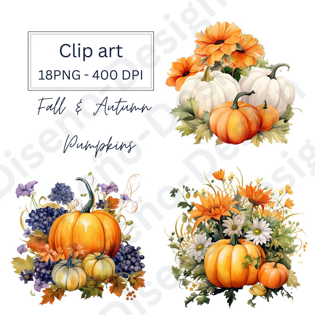 Floral Pumpkin Watercolor Clipart PNG - White - Orange Pumpkin, Plants ...