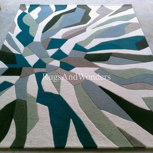 Modern Abstract Wool Rug | Hand-Tufted Geometric Area Rug | Custom Size Teal Green Blue Carpet | Contemporary Living Room Decor
