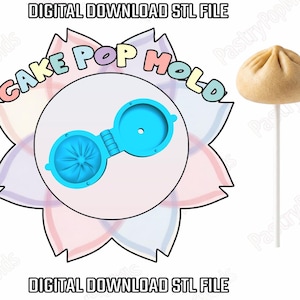 May include: A bright blue hinged cake pop mould with a circular design, featuring the text CAKE POP MOLD and DIGITAL DOWNLOAD STL FILE. Next to the mould is a tan, round, pleated cake pop on a white stick, resembling a steamed dumpling shape.