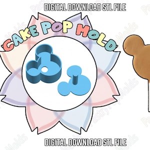 May include: A blue Mickey Mouse-shaped cake pop mold and a cake pop on a stick. The mold is in the shape of Mickey Mouse's head. The image also includes the text "CAKE POP MOLD" and "DIGITAL DOWNLOAD STL FILE".