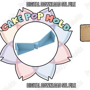 Puede incluir: Un molde para cake pops azul claro con el texto "CAKE POP MOLD" en una fuente colorida. A la derecha se muestra un cake pop en un palito. Las palabras "DIGITAL DOWNLOAD STL FILE" están arriba y abajo.