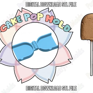 Puede incluir: Un archivo STL digital para un molde de cake pop. La imagen presenta un diseño de molde azul dentro de un gráfico en forma de flor con el texto "CAKE POP MOLD". Un cake pop en un palito se muestra a la derecha. También están las palabras "DIGITAL DOWNLOAD STL FILE".