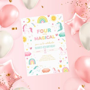 Invitation d'anniversaire magique de licorne de Zazzle.be Liste d'envies Vous avez des idées ? Invitation modifiable pour le 4e anniversaire | Fête entre filles arc-en-ciel | Téléchargement instantané