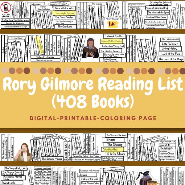 Rory Gilmore Reading Challenge List | Rory Gilmore Reading Challenge Digital Printable Colouring Page| PDF | 408 Book | Reading Planner