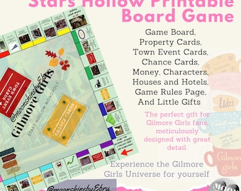 May include: A digital, printable board game based on the TV show "Gilmore Girls." The game includes a board, property cards, town event cards, chance cards, money, characters, houses, hotels, game rules, and small gifts. The game is a digital, printable PDF.