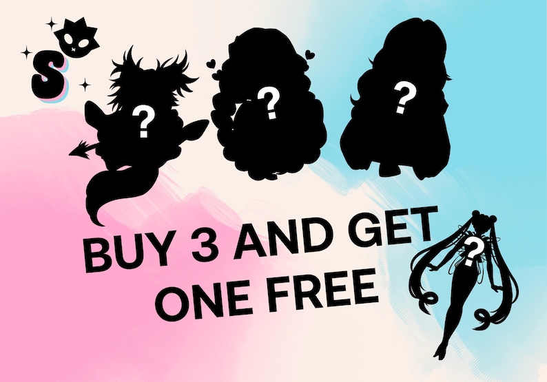 Promotion poster that says buy 3 stickers and get one random for free