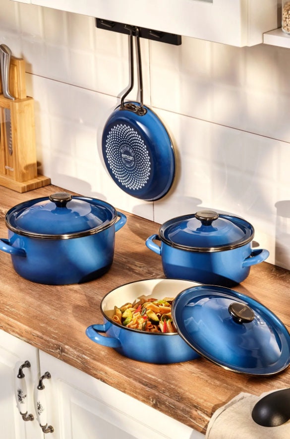 7 Piece Enamel Cookware Set Navy Blue 