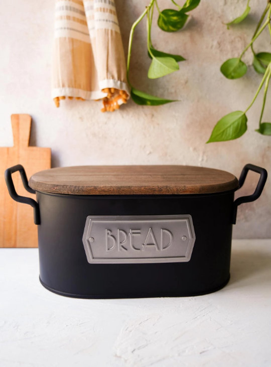 Black Bread Box With Natural Wood Cutting Board, Bread Storage, Bread