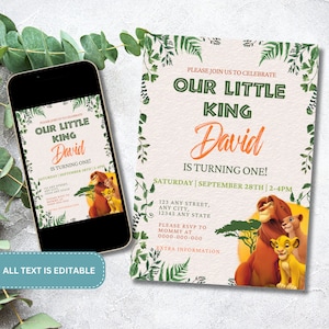Convite de Primeiro Aniversário de Leão | Download Digital Editável | Convite Digital | Tema Selva | Convite O Rei Leão | Chá de Bebê Safari