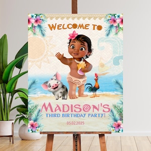 Letrero de bienvenida de Moana / Póster de cumpleaños tropical editable / Decoración para fiestas infantiles / Descarga instantánea / Letrero con temática de Moana