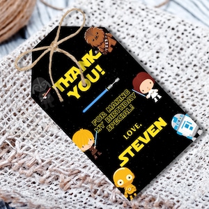 Étiquette de remerciement anniversaire Star Wars | un avec la force | Invitation de fête imprimable | Fête d'anniversaire Jedi | Cadeau d'anniversaire Star Wars modifiable