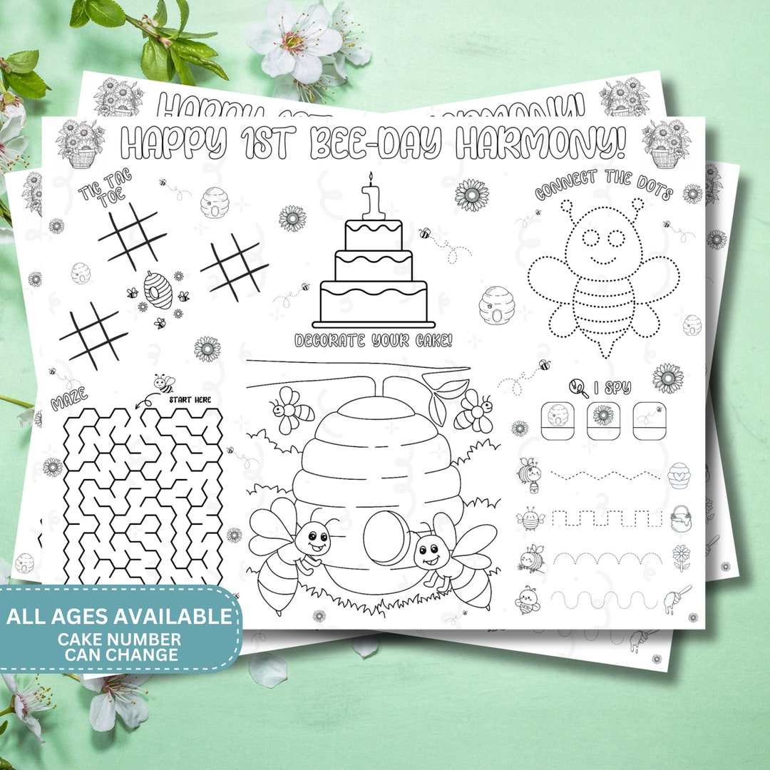 Bee Birthday Coloring Page: Activity Placemat (digital Download) - Etsy