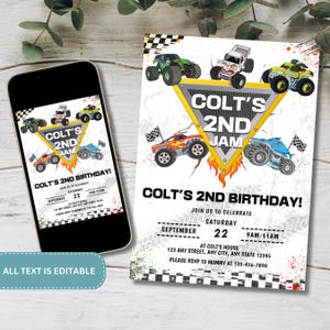 May include: A birthday invitation with monster truck graphics in various colours, including green, white, yellow, orange, and blue. The invitation reads "COLT'S 2ND JAM" and "COLT'S 2ND BIRTHDAY!" with event details. A smartphone shows the same design.