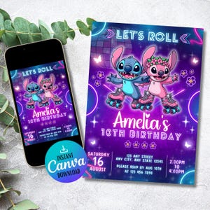 May include: A birthday party invitation featuring the characters Stitch and Angel on roller skates. The invitation is purple with neon accents and includes the text "Let's Roll" and "Amelia's 10th Birthday". The date and time are also included.